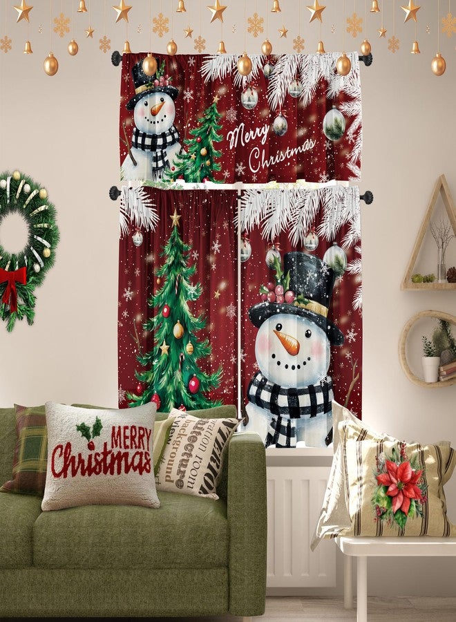 Deztibos Christmas Kitchen Tier Curtains and Valance Set, Snowman Xmas Tree Bird Snowflake Rustic Wood Grain Curtain Tiers Set for Living Room Cafe Rod Pocket Window 3 Piece, 52''x18''+26''x36''x2 - Image 3